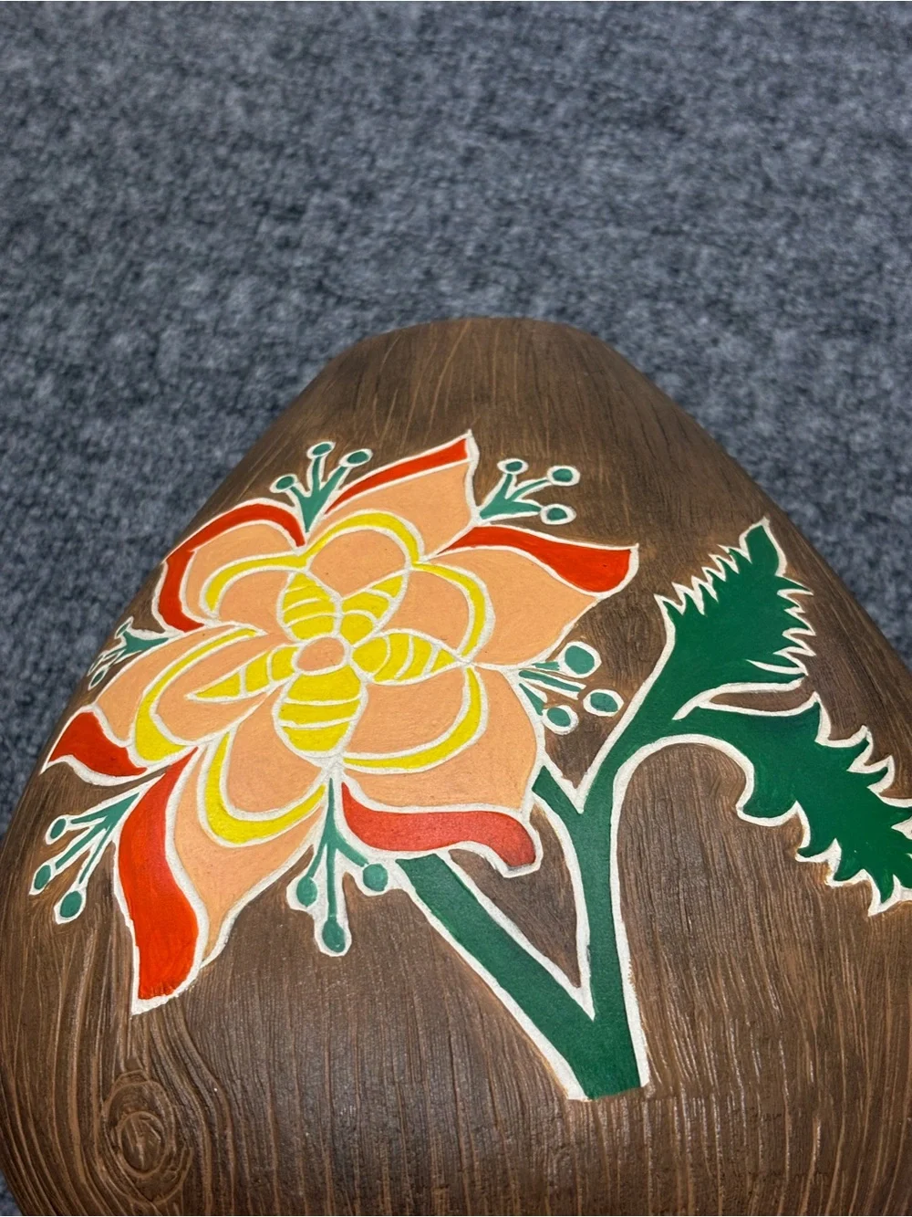 Peruvian Ceramic Vase with Hand-Painted Orange Floral Design